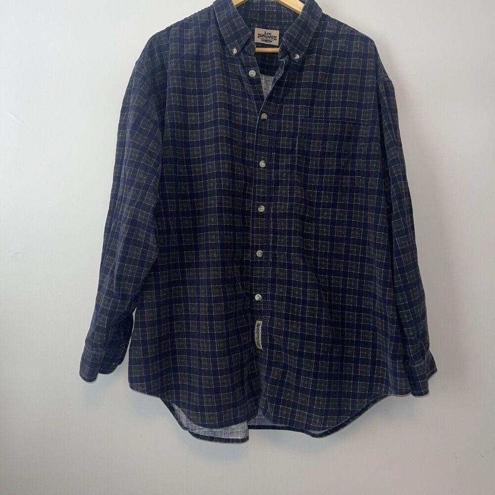 Lee Dungarees Curdoroy XL Button-down Plaid Shirt Blue Green One Pocket Cotton